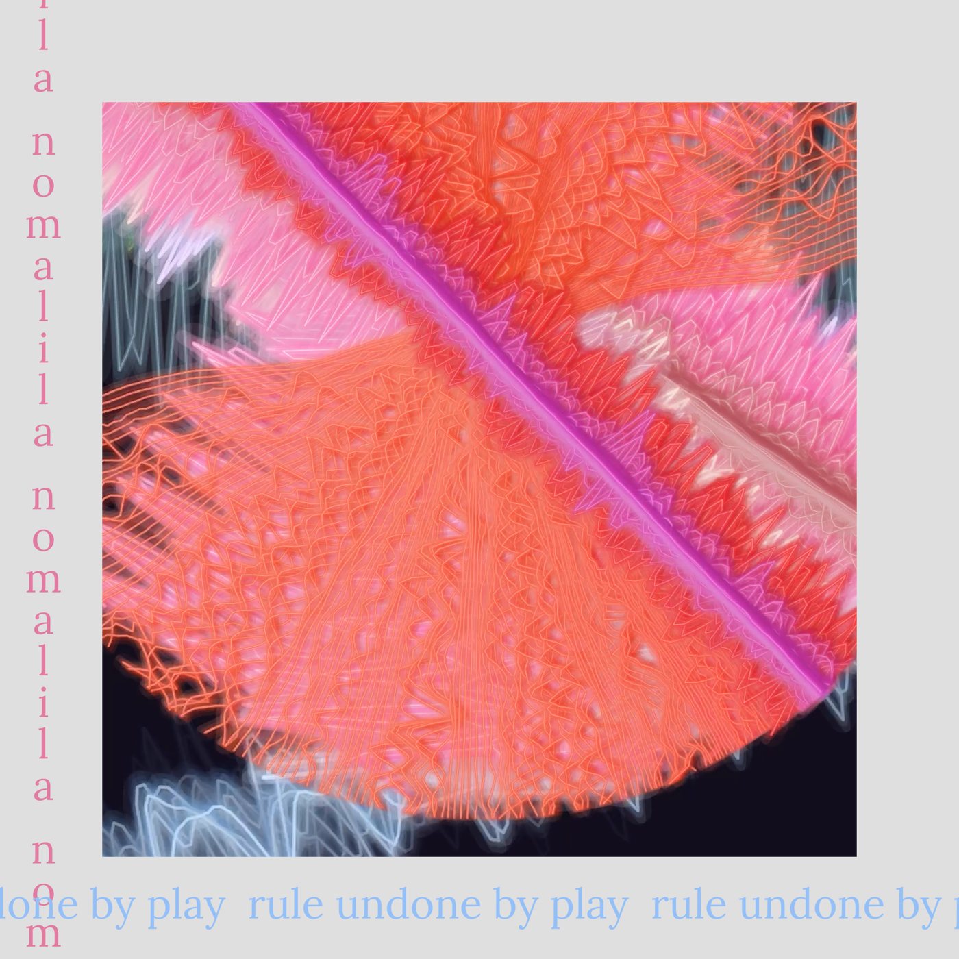 Still from nomalila, with the words nomalila and rule undone by play running along its edges